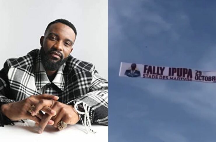 Image illustration autocollage banderole de Fally Ipupa survole KInshasa